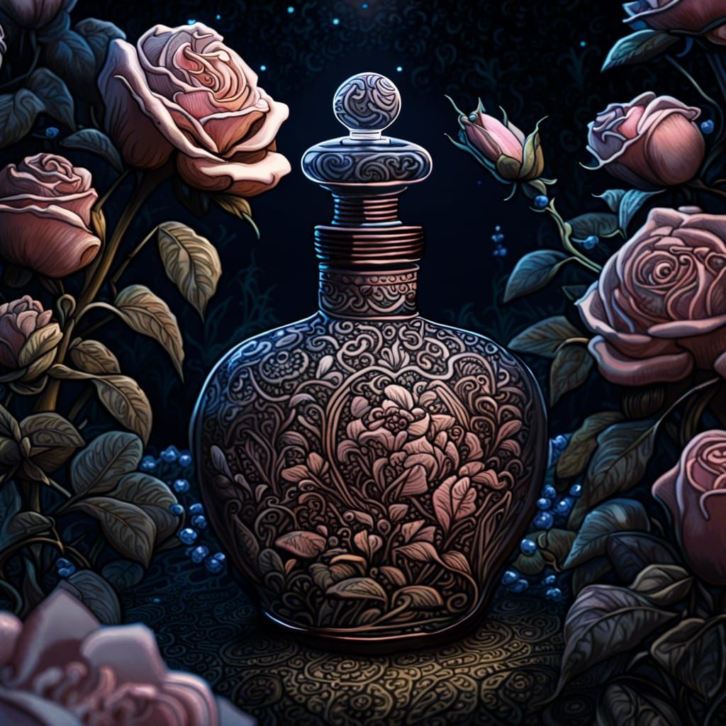 Enchanted Perfume Bottle in Rose Garden, Dark Fantasy