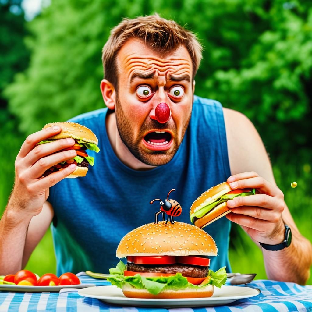 Unhappy Man's Bug-Infested Burger at Summer Picnic