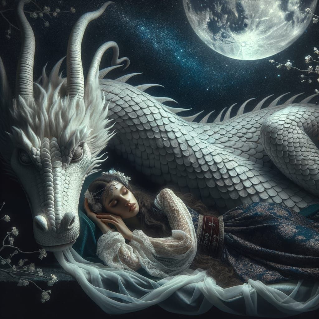 Mystical Girl and Dragon in Moonlight