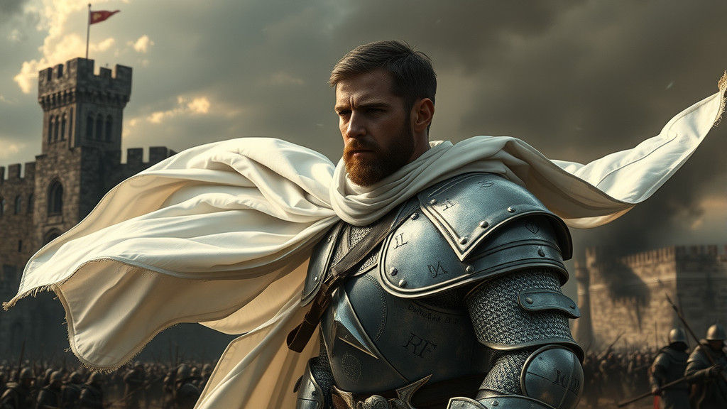 Medieval Soldier in Silver Armor on Battlefield