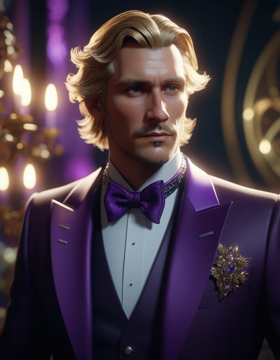 Elegant Blond Male in Lavish Purple Tuxedo