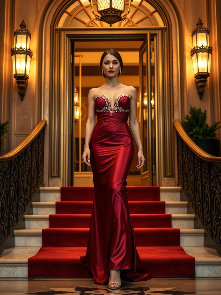 Glamorous Woman Steps Out of Art Deco Hotel Entrance in Besp...