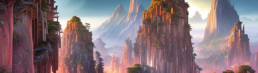 Gondor Sunrise: Aerial View, Detailed Matte Painting