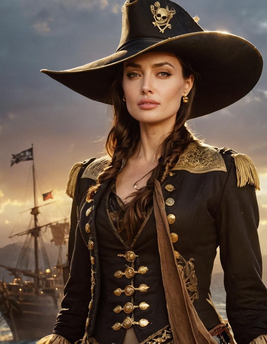 Portrait of Angelina Jolie as pirate Elizabeth Turner from disney movie "Pirates of the Caribbean".  Intricate _details....