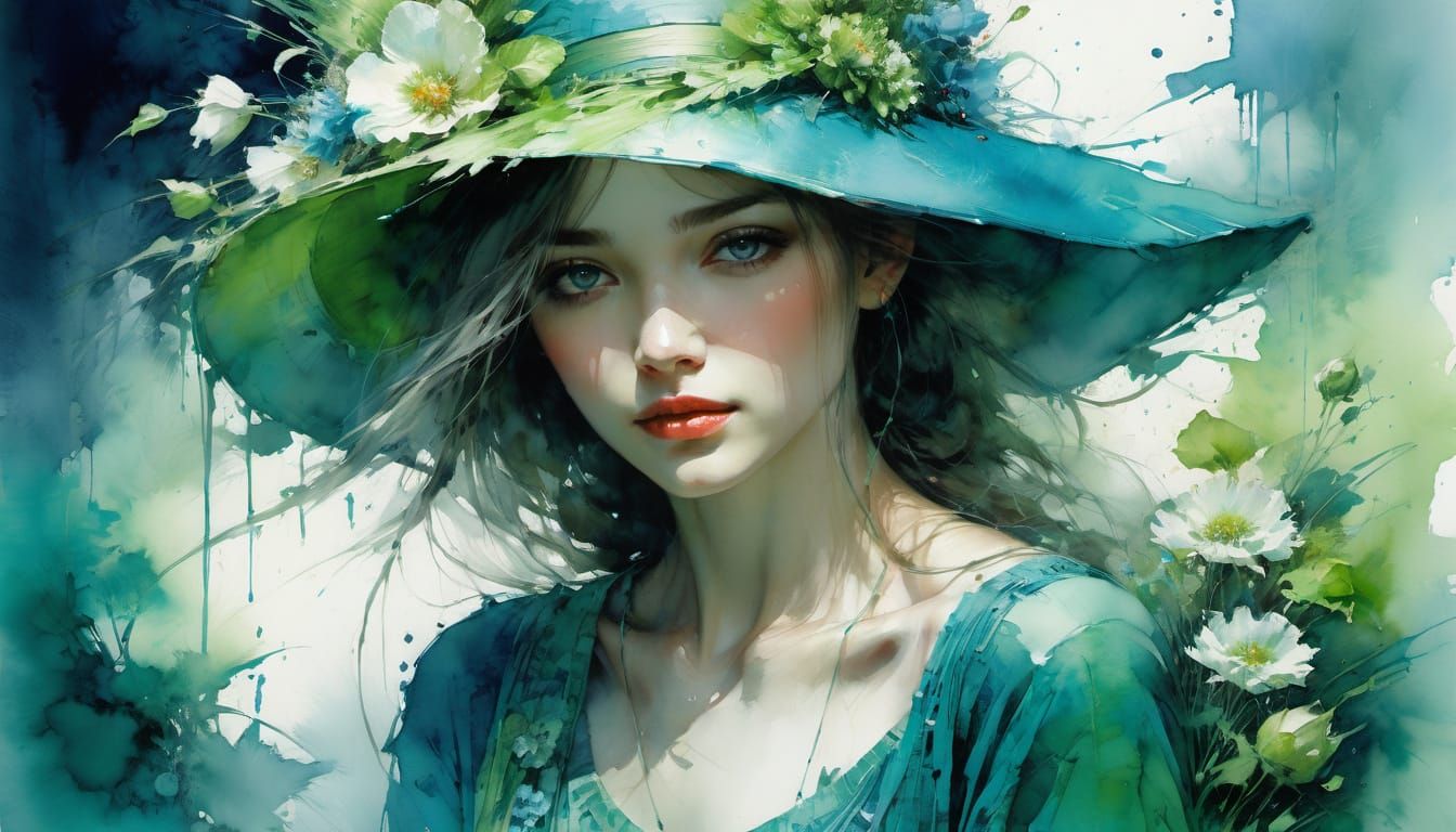 Watercolor Portrait of Elegant Lady in Nature