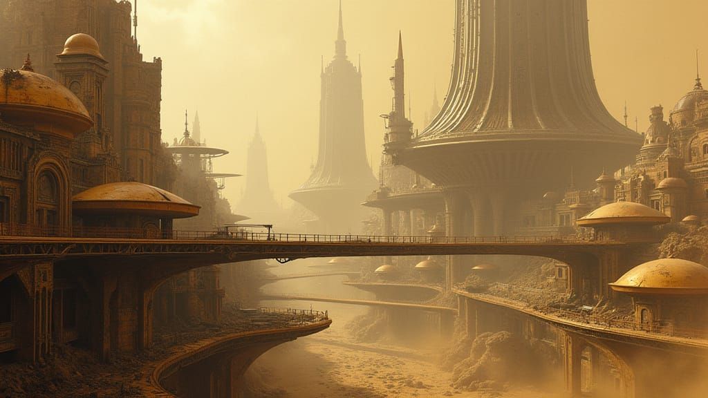 Retro-Futuristic Cityscape in Sepia Tones