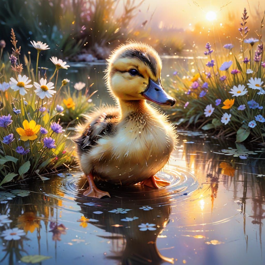 Duckling in Wildflowers Pond, Watercolour Painting