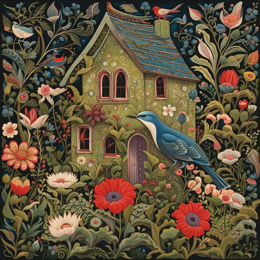 Bird Song in Lush Cottage Garden Art