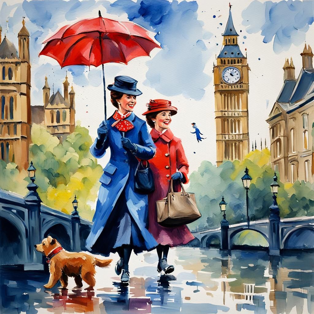 Mary Poppins and Paddington in Gouache Style