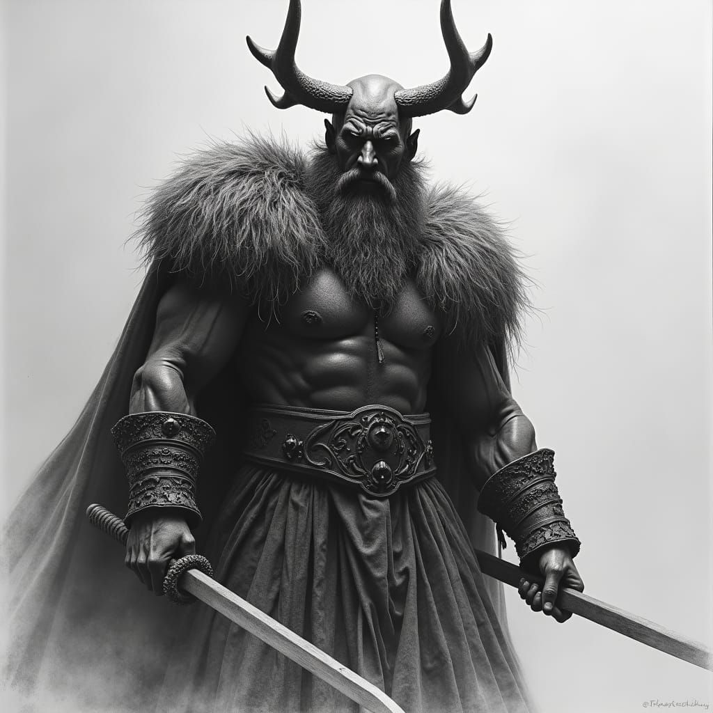 Heroic Viking Charcoal Drawing in Horror Style