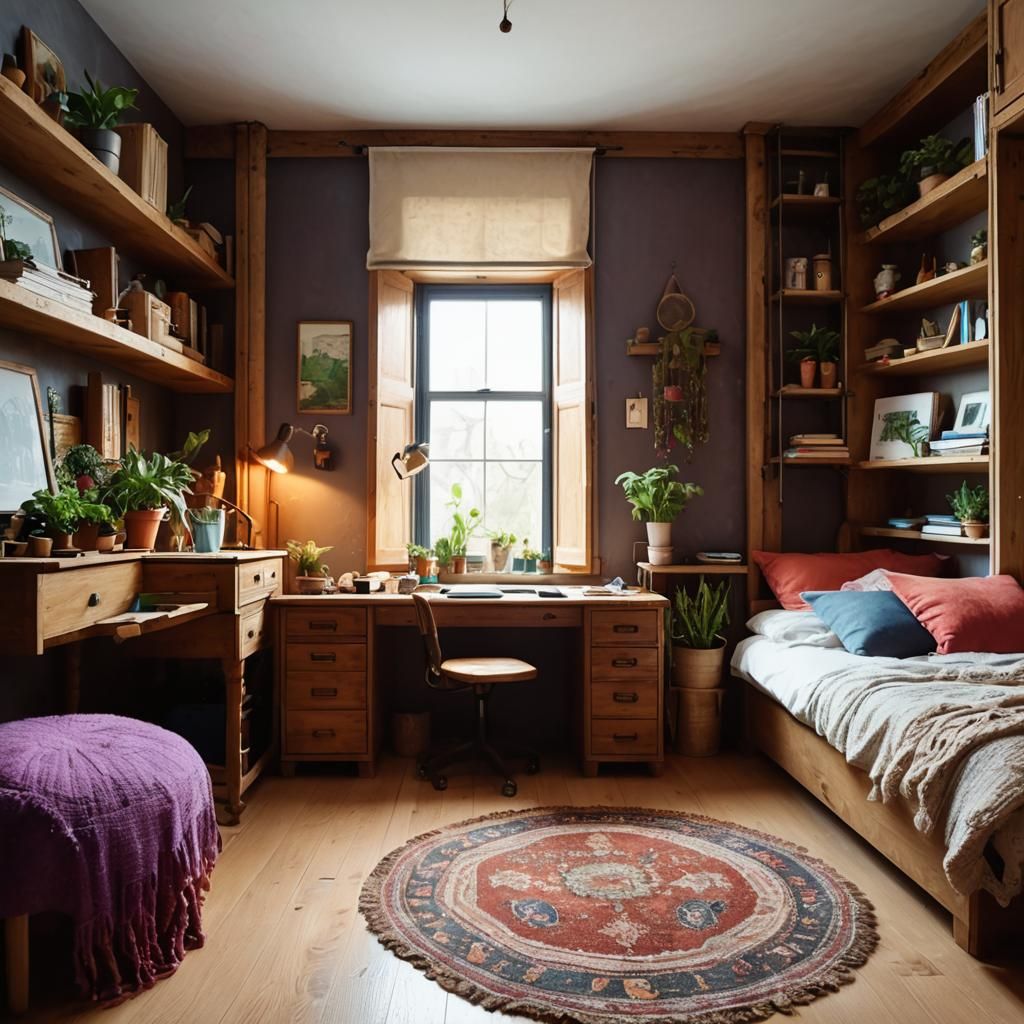 Cozy Bohemian Dorm Room with Vintage Desk