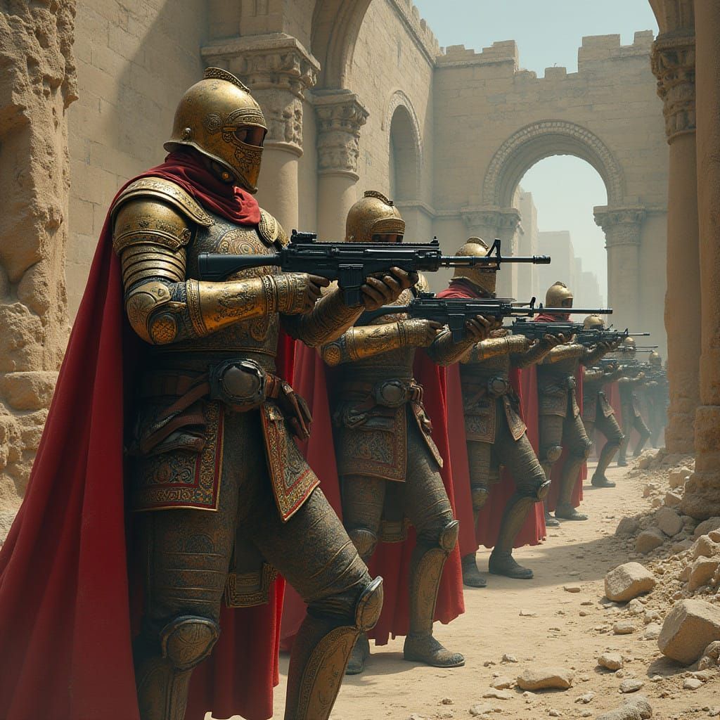 Medieval Warriors Armed with Modern Machine Guns in a Fantas...