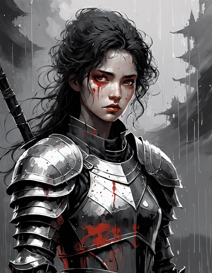 Female Knight in Fire-Red Armor, Ink Drawing