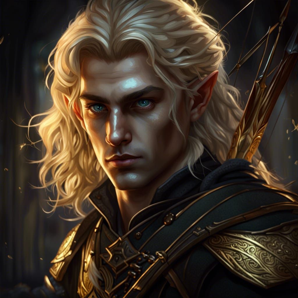 Elven Archer with Golden Eyes in Dark Fantasy Style