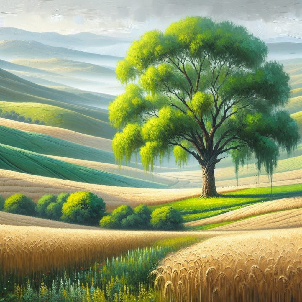 Willow Tree on Wheat Farm in Acrylic Art
