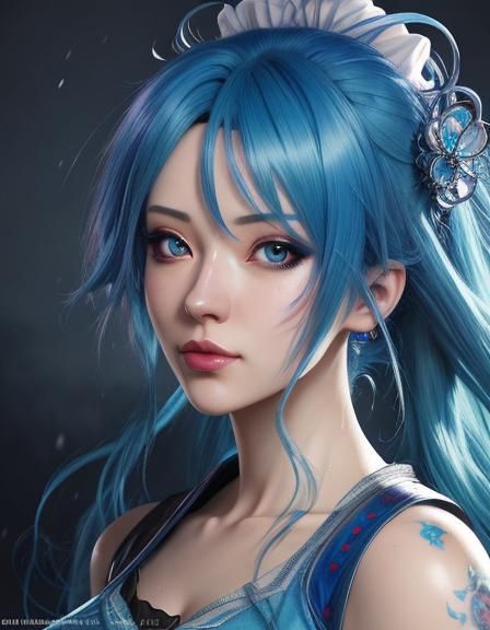 Anime Style Portrait of a Blue-Haired Girl