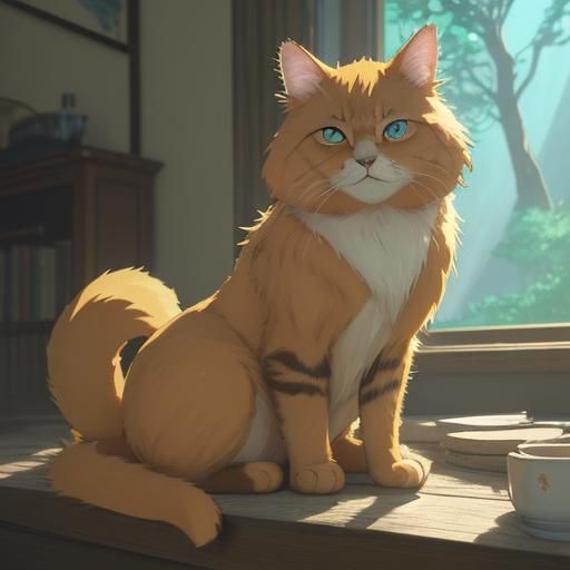 Golden Fur Cat in Studio Ghibli Anime Style