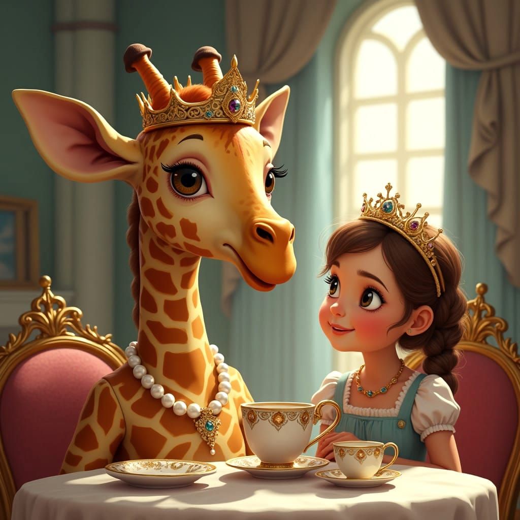 Royal Giraffe Tea Party in Whimsical Palace Setting