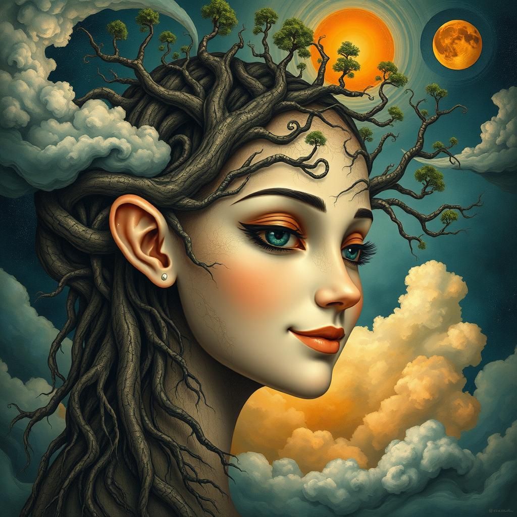 Mystical Tree-Face Portrait in Surreal Style