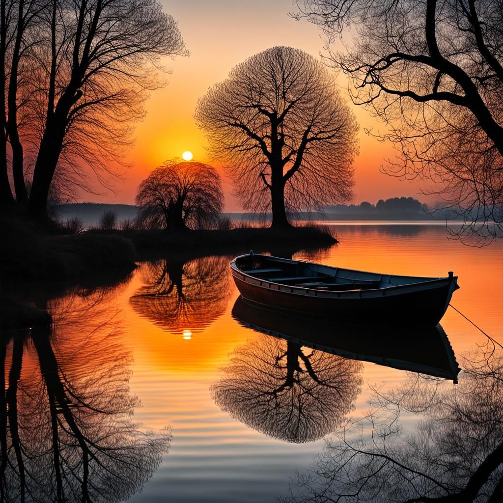 Surreal Orange Sunrise Over Tranquil Lake