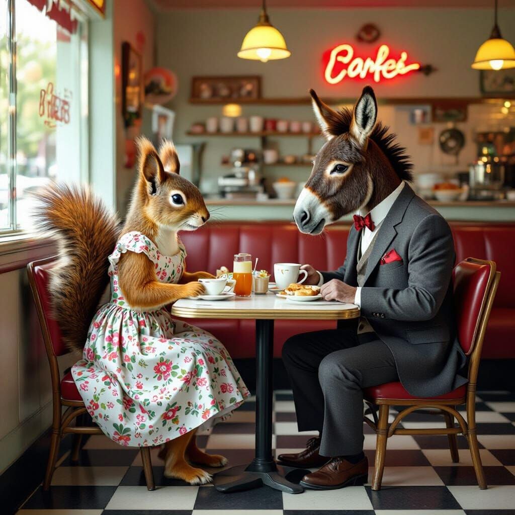 Squirrel and Donkey Breakfast in Retro Cafe