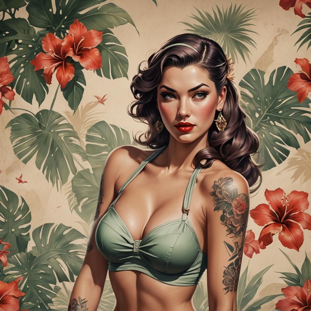 WWII Pinup Girl Portrait in Art Nouveau Style