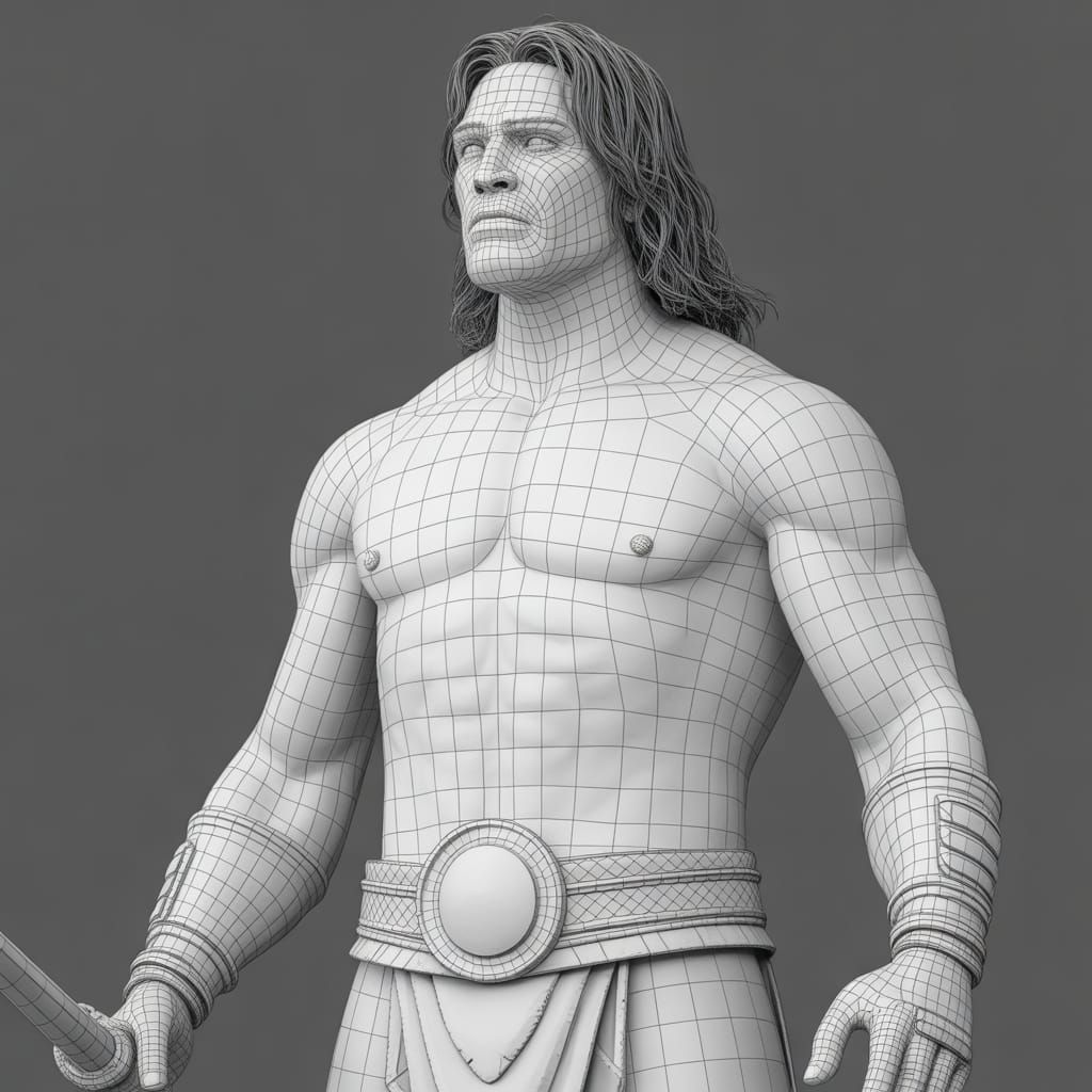 A wire frame full body side view image of Conan the Barbaria...