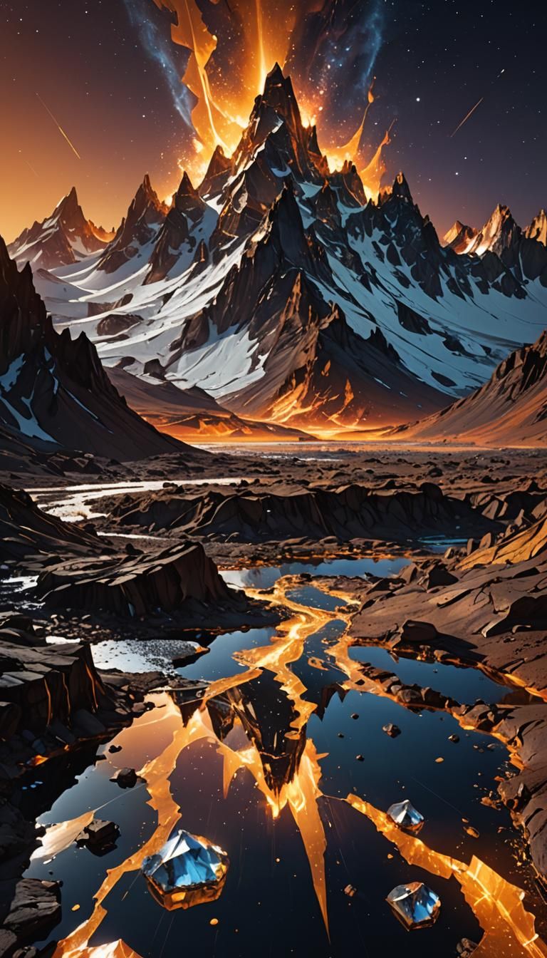 Surreal Mountain Range with Rivers of Gold