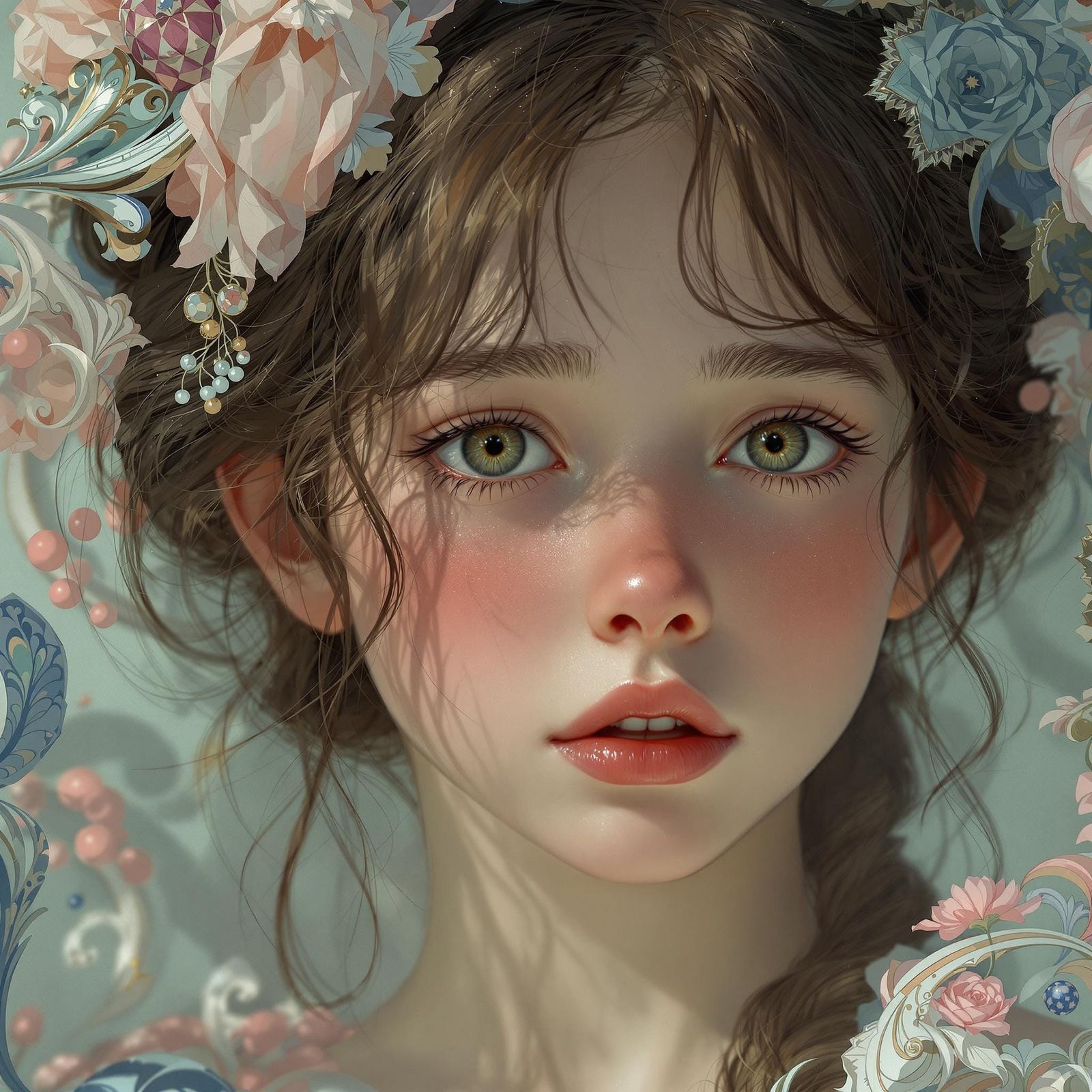 Blushing Girl Portrait in Art Nouveau Style