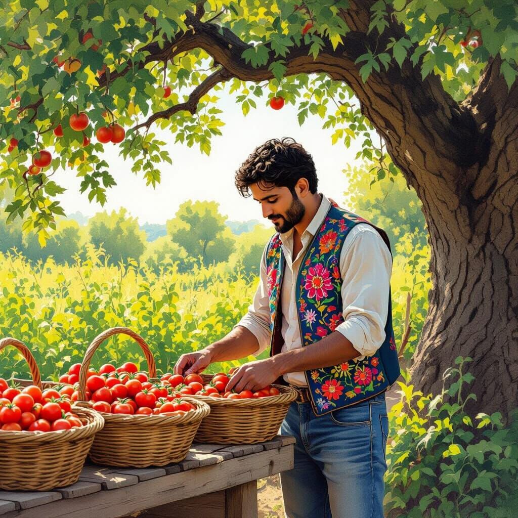 Pakistani Farmer Arranging Tomatoes: Loish Style