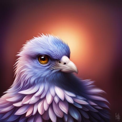 Cute Blue Bird with Fractal Flowers in Pixel Art