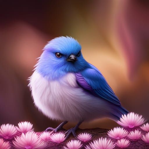 Cute Blue Bird with Fractal Flowers in Pixel Art