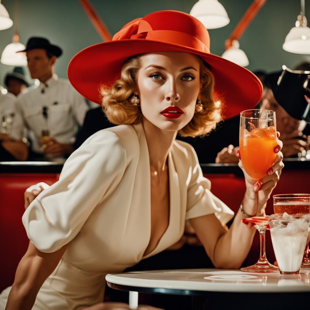 Stylish Woman in Red Hat, Inspired by Hurrell