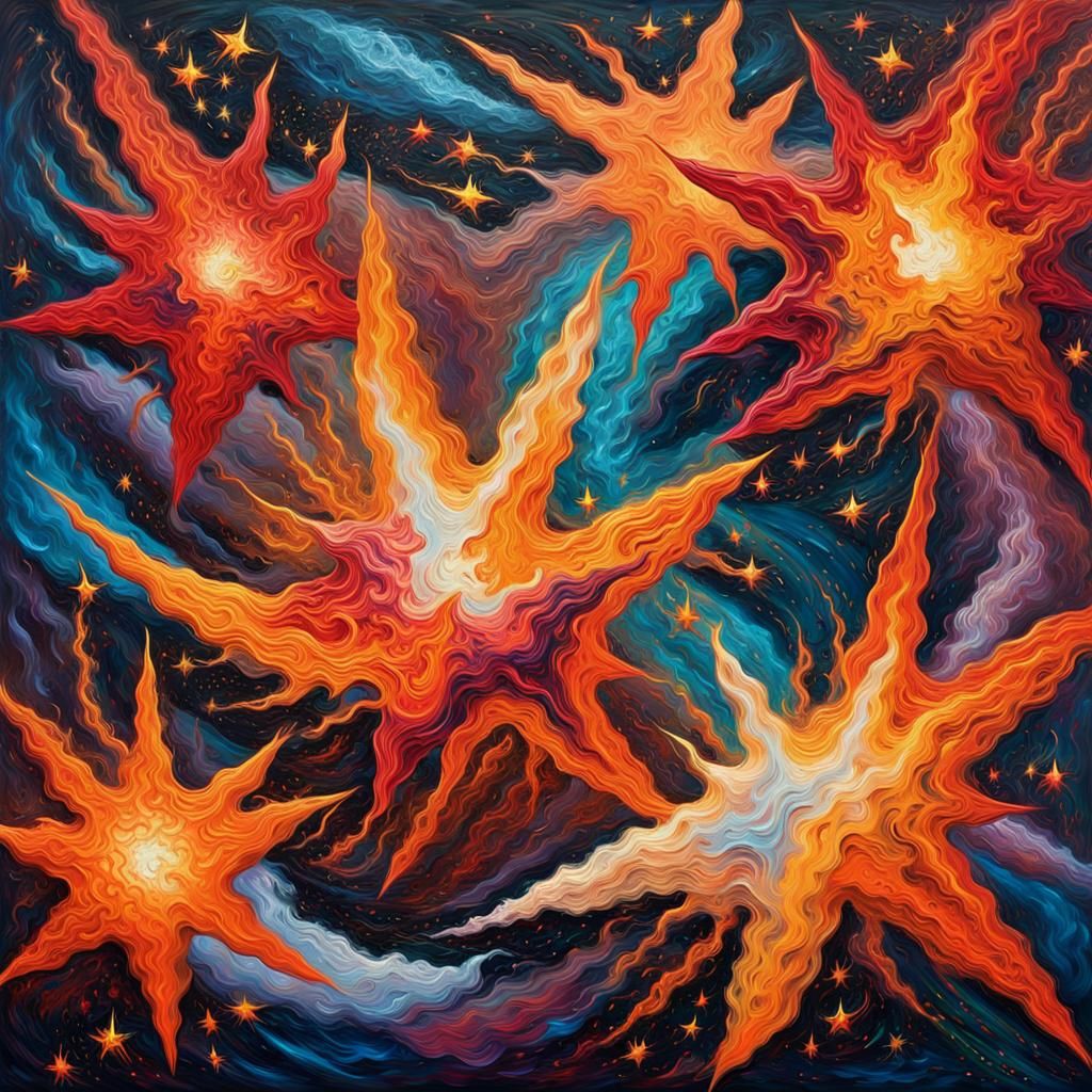 Fiery Cosmic Stars in Abstract Expressionist Oil Painting