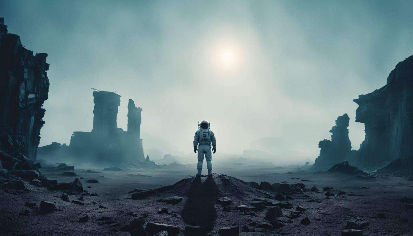 Astronaut Gazes at Alien Monument Under Binary Sunset
