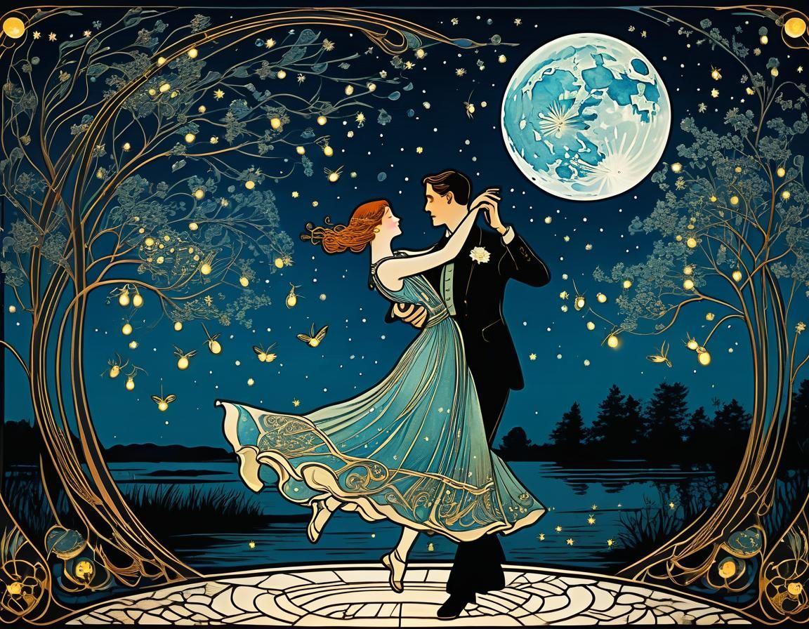 Couple Dancing in Moonlight, Art Nouveau Style