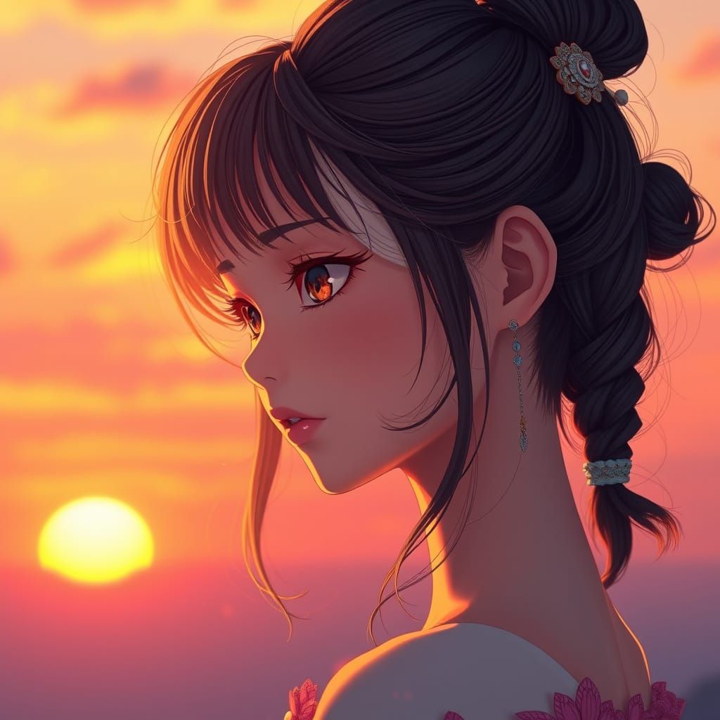 Serene Girl in Vibrant Sunset, Inspired by Genshin Impact Ar...