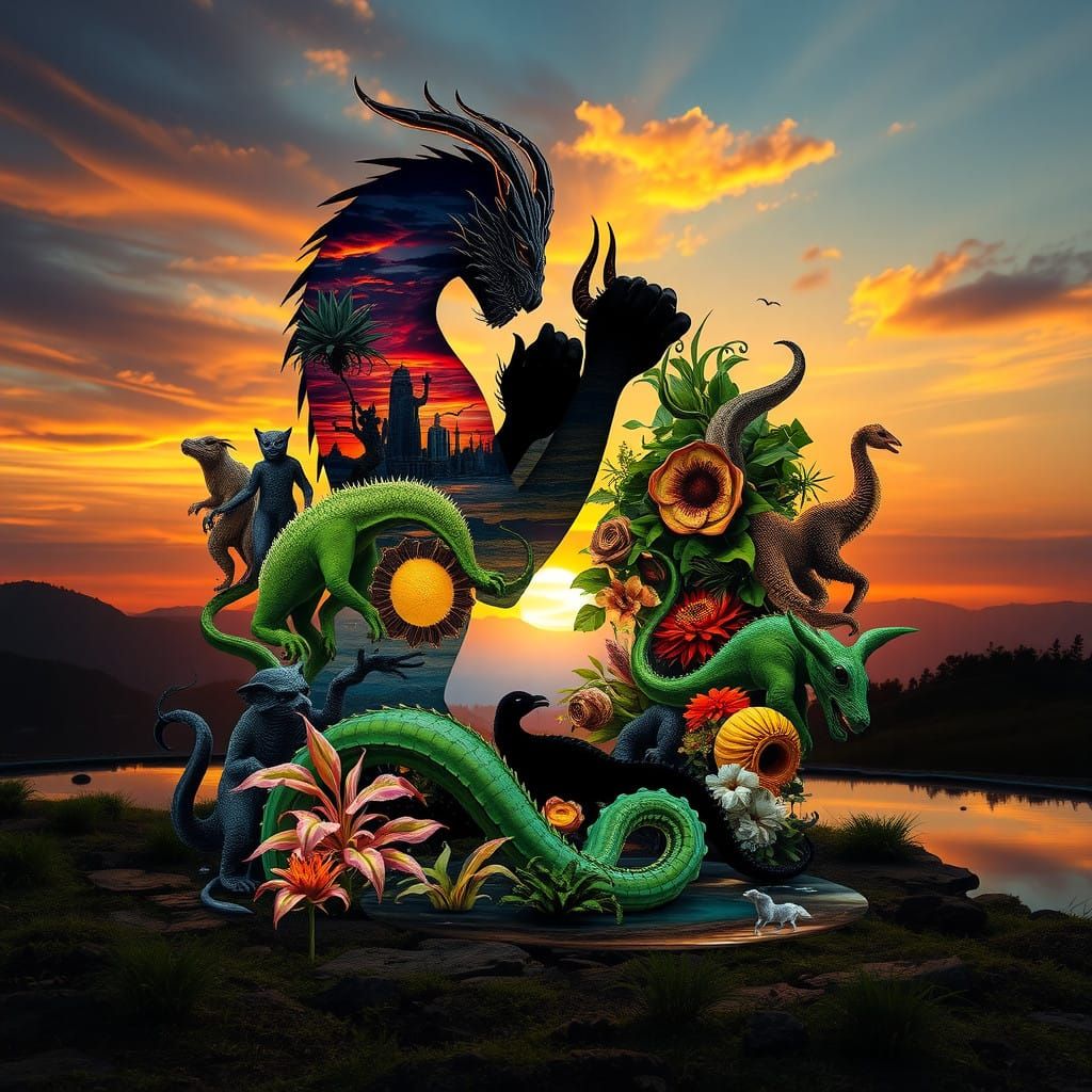Ethereal Collage of Mystical Creatures in Sunset Landscape