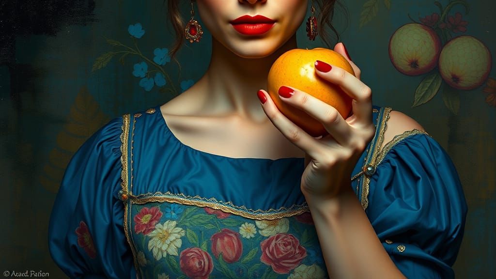 Woman Holding Apple: Photorealistic Portrait Painting