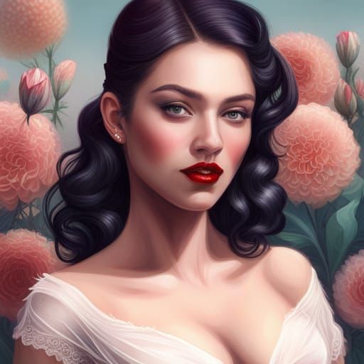 Pin-Up Portrait with Floral Background in Art Nouveau Style