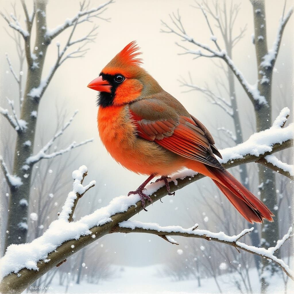 Whimsical Watercolor Cardinal in Winter Wonderland