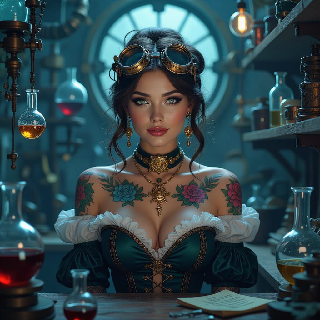 Steampunk Woman with Tattoos in Art Nouveau Style
