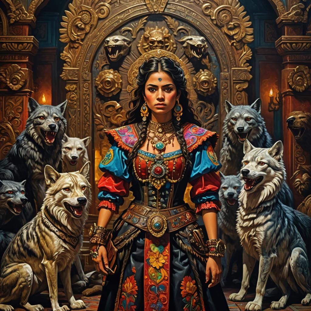 Defiant Girl Surrounded by Wolves in Mexican Baroque Style