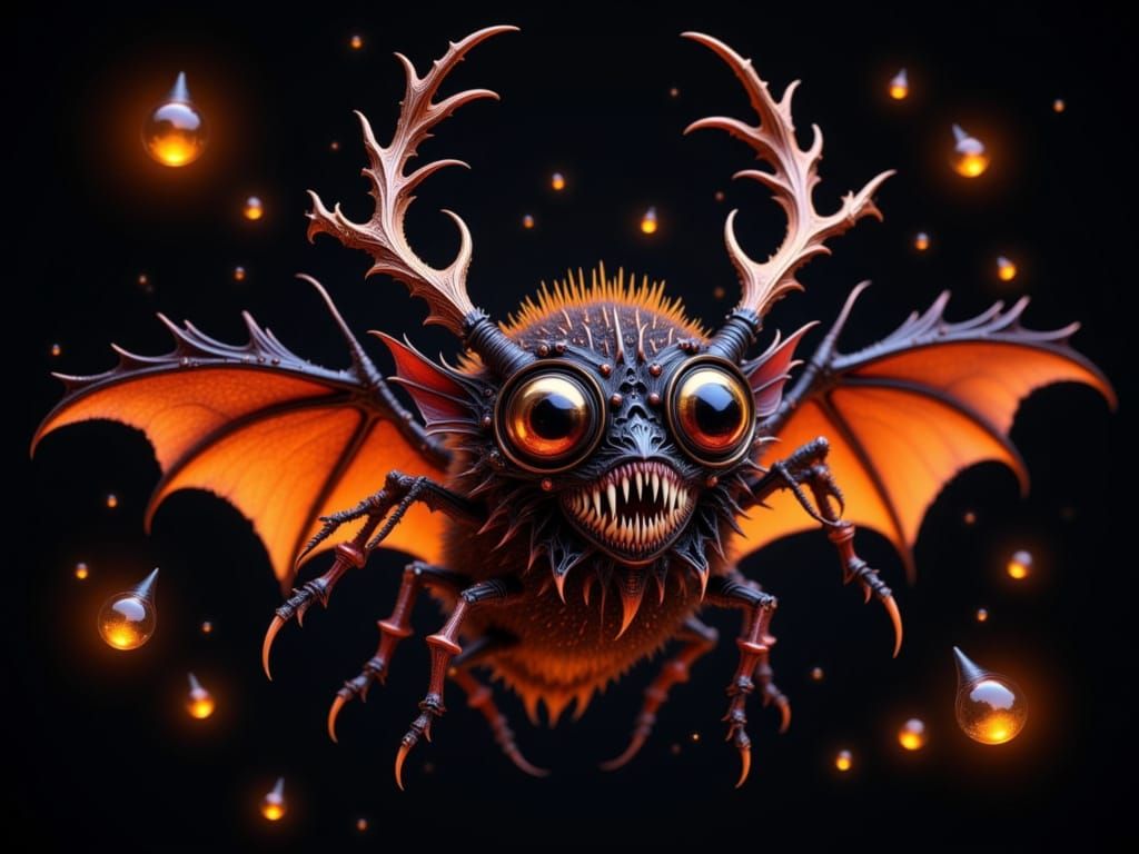 Steampunk Bat with Sharp Teeth and Spiny Glow Amidst Firefli...