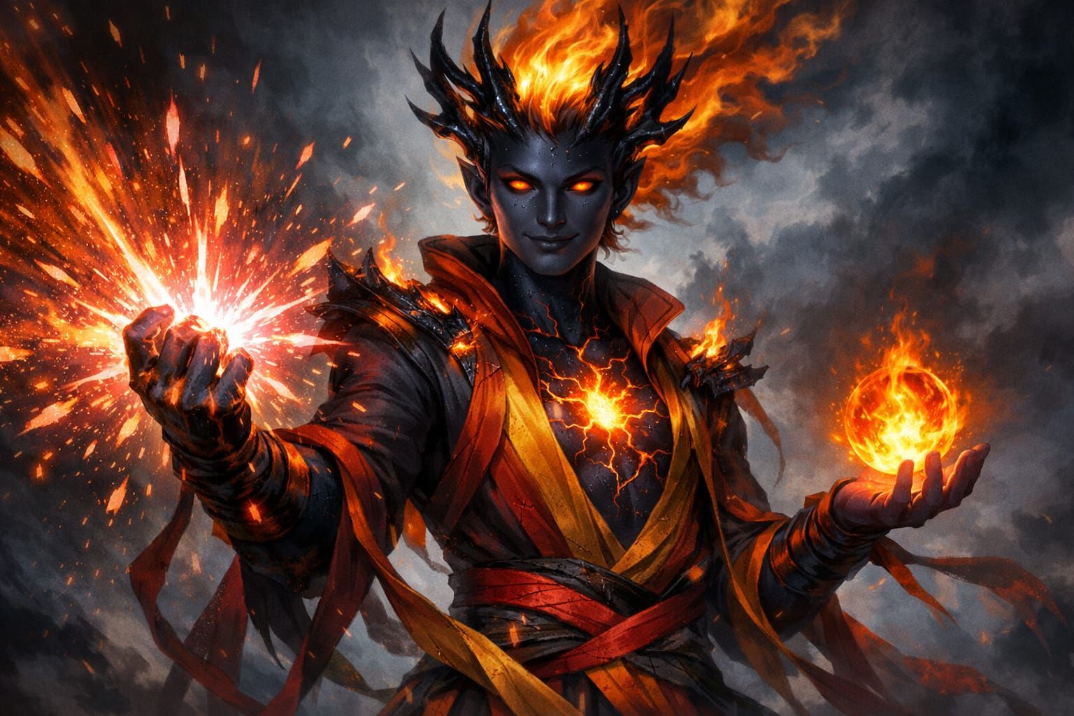 Fiery Sorcerer Portrait in Abstract Battlefield
