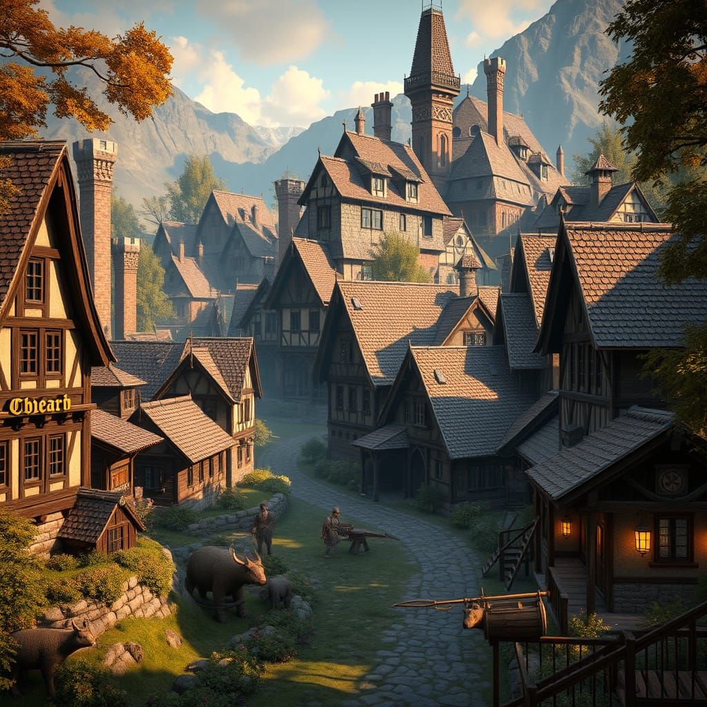 Epic Medieval Village Scene in 3D Game Cinematic Style