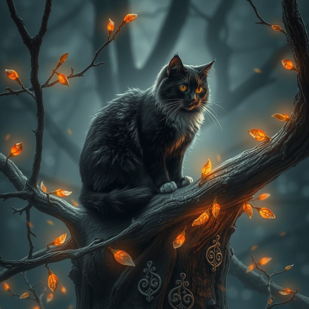 Monochrome Cat Perched on Ancient Tree Branch