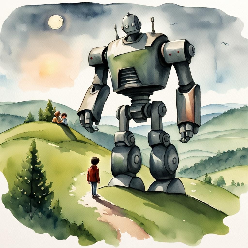 Storybook Watercolor: Boy and Iron Giant Mecha