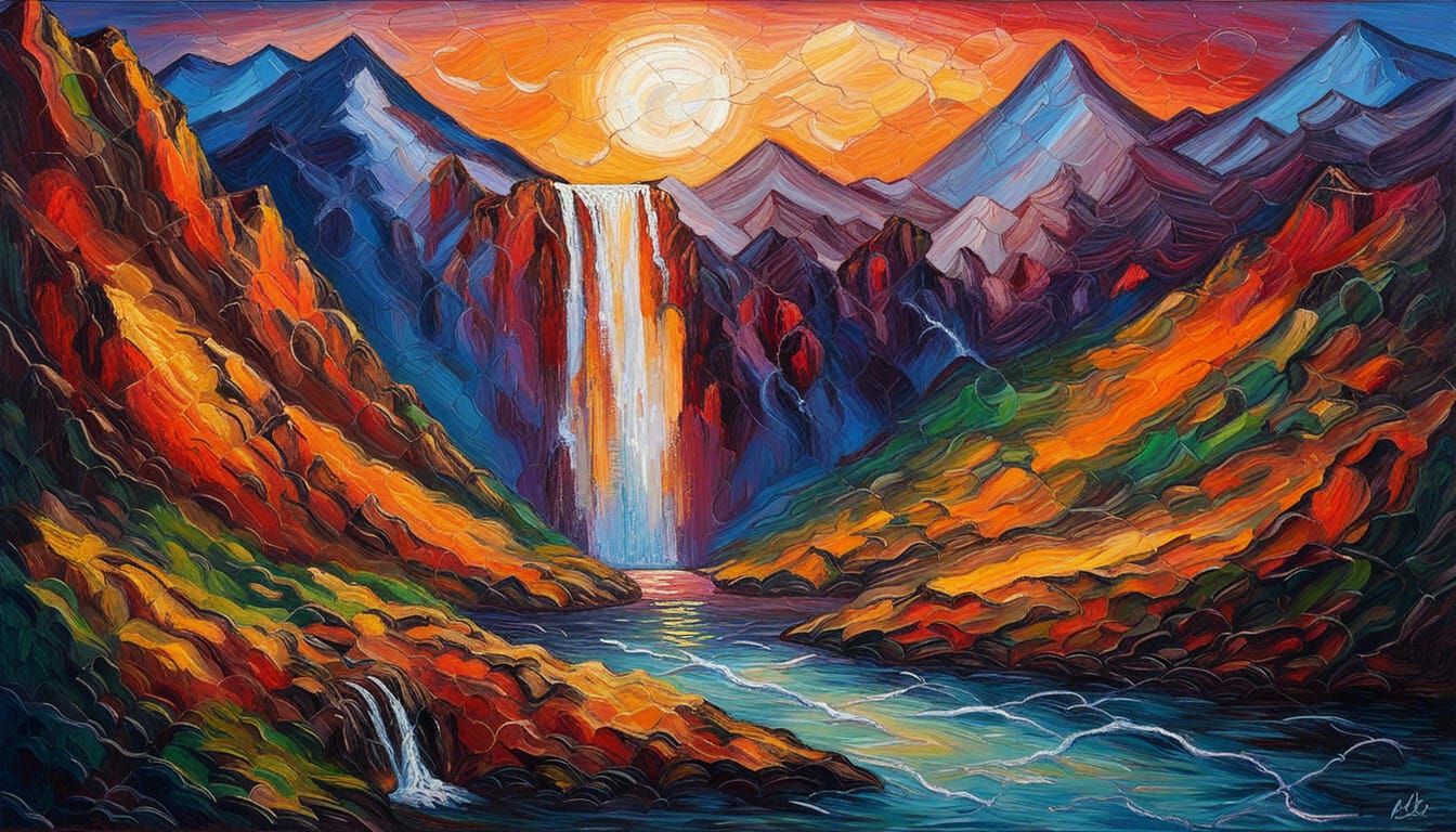 Mountain Waterfall Sunset in Expressionist Oil Painting