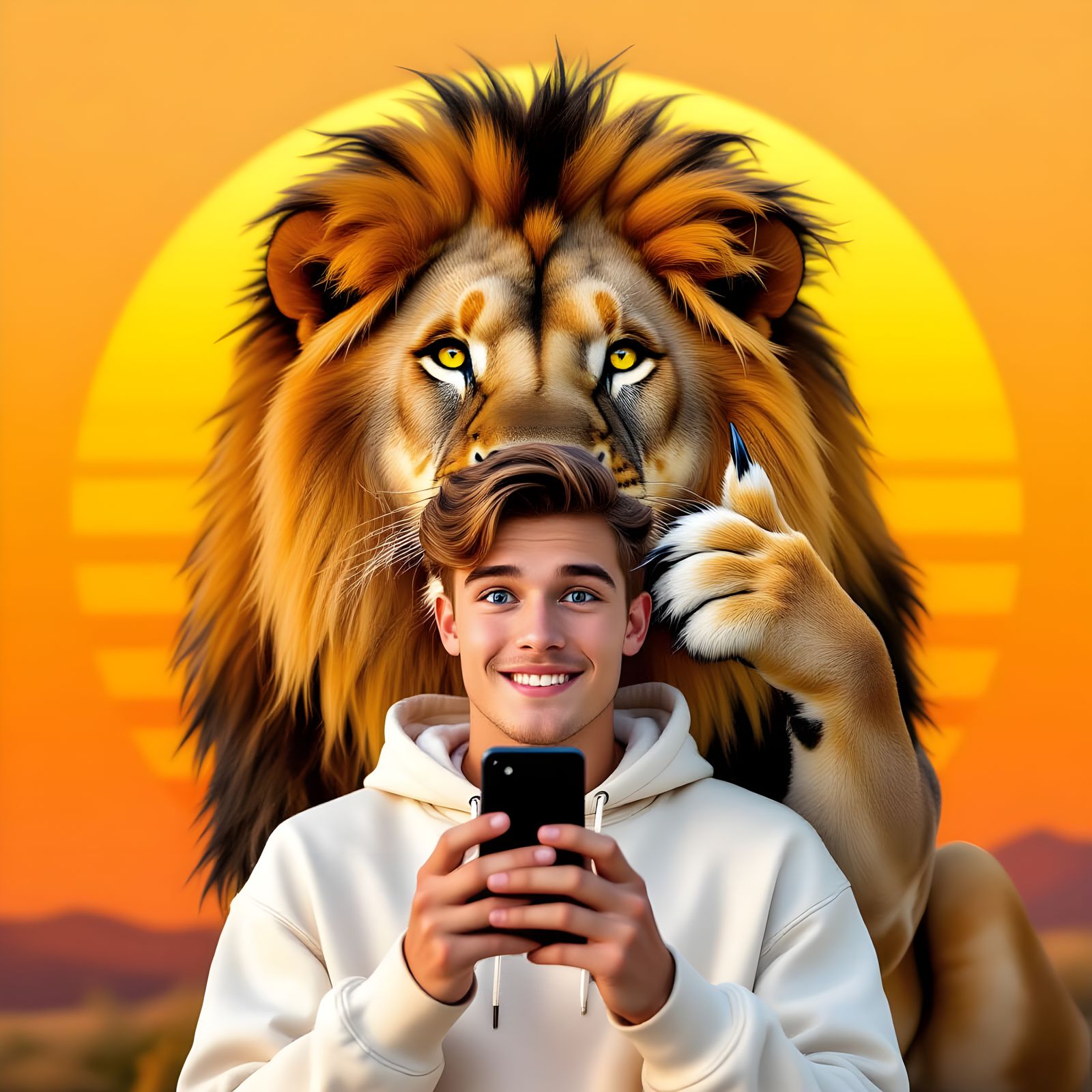 Surreal Lion Shushes Man with Smartphone